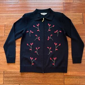 Vintage Howard Wolf Black Cardigan with Red Floral Embroidery Small